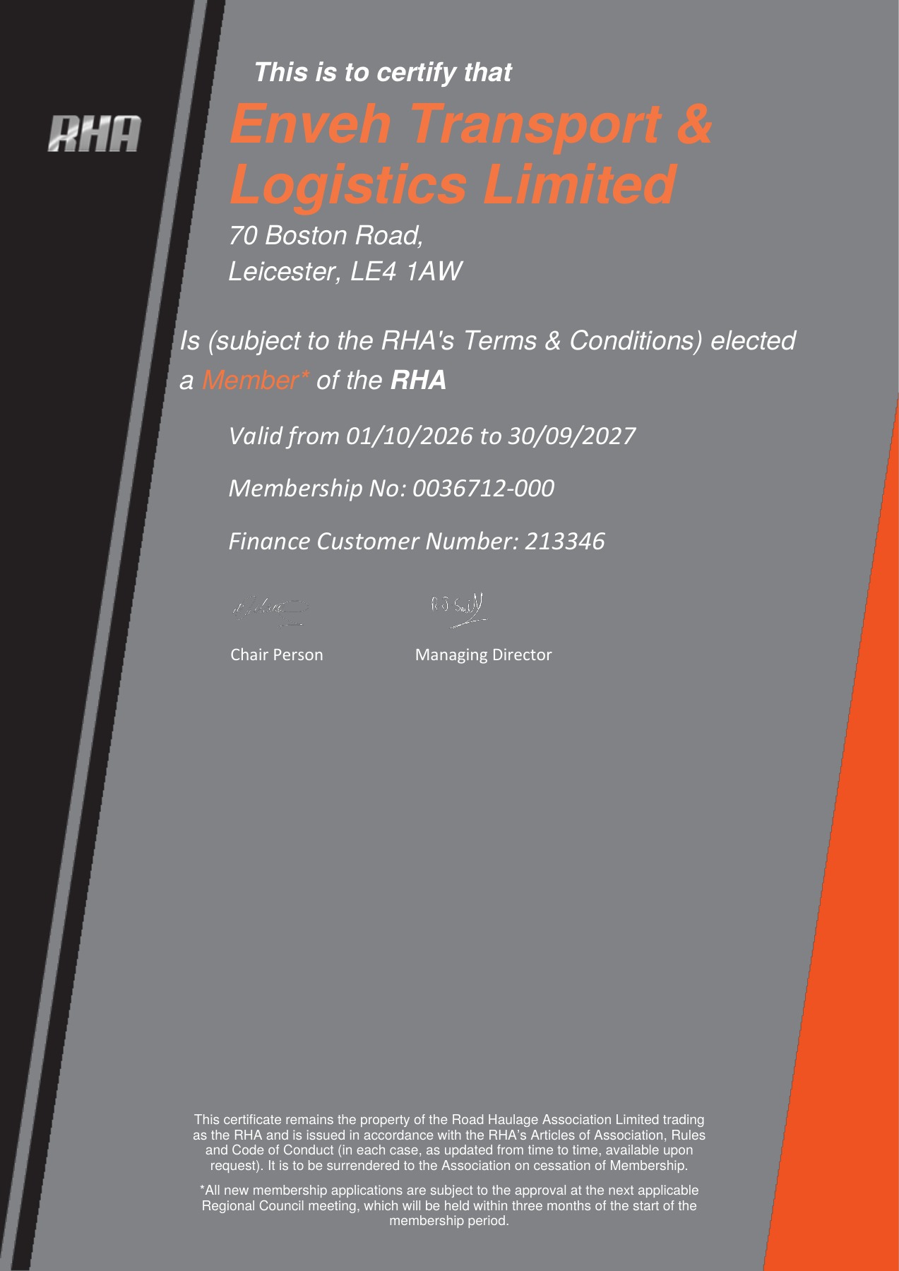 Road Haulage Association membership certificate for Enveh Transport & Logistics Limited, membership 0036712-000, valid from 1 October 2026 to 30 September 2027